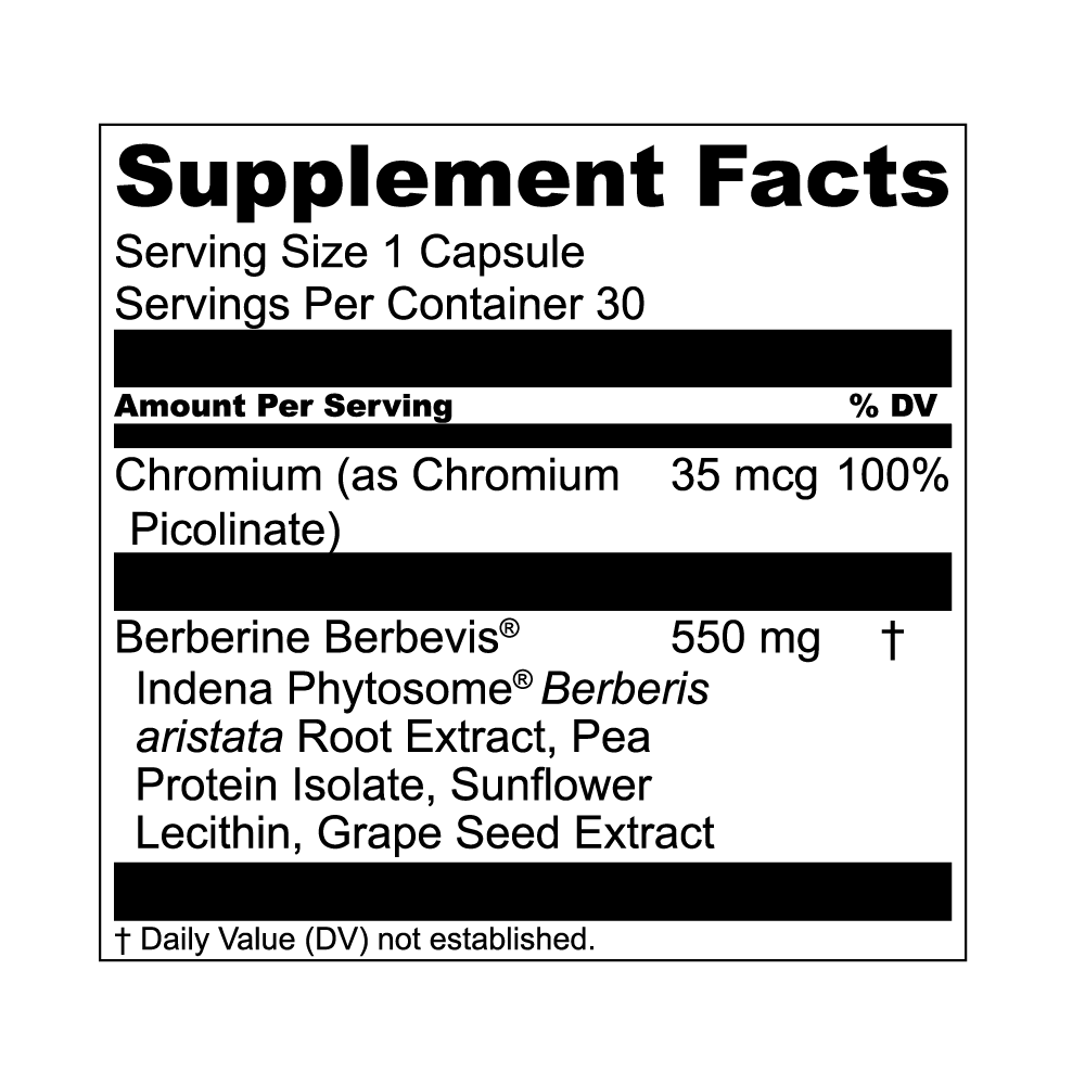 Berberine Phytosome supplement facts label showing 1 capsule serving, 30 servings per container, with chromium and berberine