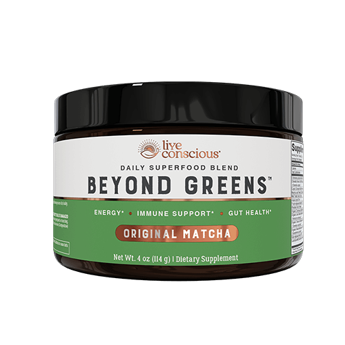 Beyond Greens Original Matcha powder jar, 4 oz, Live Conscious daily superfood blend for energy and immune support