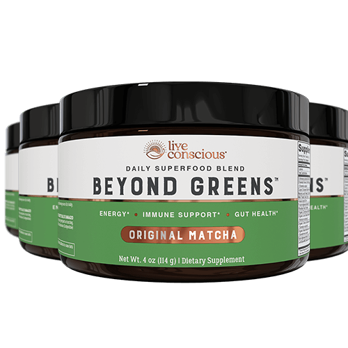 Beyond Greens Original Matcha powder jar, 4 oz, by Live Conscious daily superfood blend for energy and immune support
