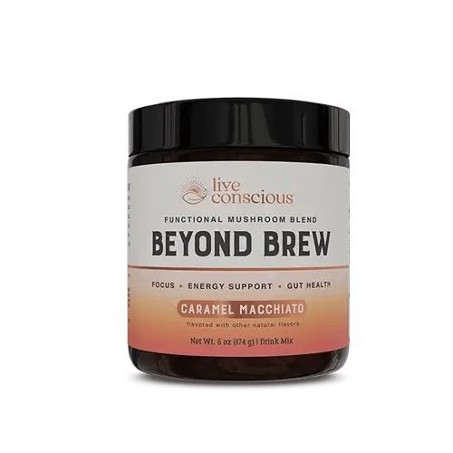 Live Conscious Beyond Brew Caramel Macchiato functional mushroom blend drink mix jar with black lid