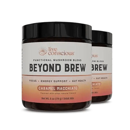 Live Conscious Beyond Brew Caramel Macchiato functional mushroom blend powder with black lid, 6 oz container