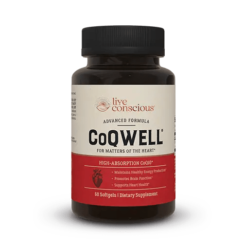 CoQWell Advanced Formula CoQ10 supplement bottle, 60 softgels by Live Conscious