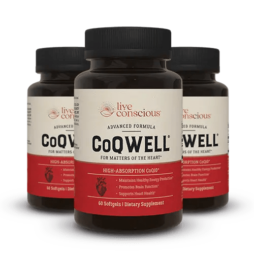 Live Conscious CoQWell CoQ10 supplement bottles, high-absorption formula for heart health, 60 softgels per bottle