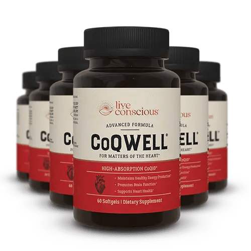 CoQWell Advanced Formula CoQ10 dietary supplement bottles with red labels, 60 softgels, arranged in a group display