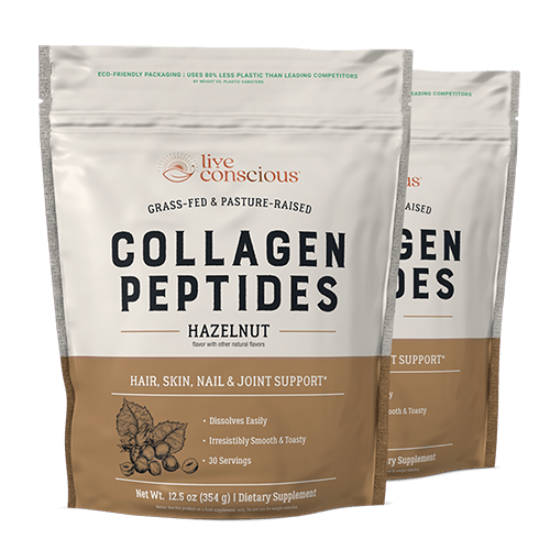 Live Conscious Collagen Peptides Hazelnut powder in two eco-friendly pouches with grass-fed & pasture-raised labeling