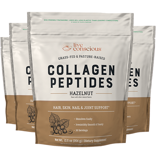 Live Conscious Collagen Peptides Hazelnut powder in resealable pouches with eco-friendly packaging