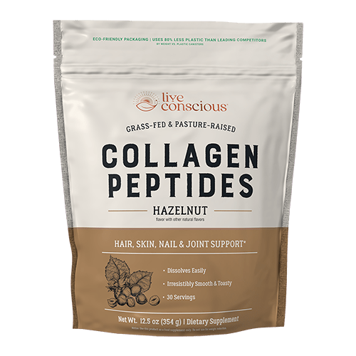 Live Conscious Collagen Peptides Hazelnut powder in 12.5 oz resealable pouch with grass-fed & pasture-raised formula