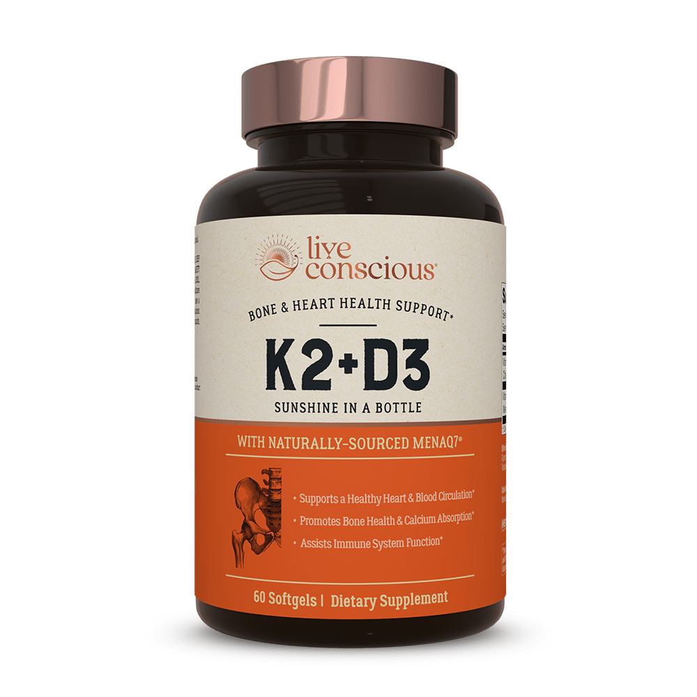 Live Conscious K2+D3 dietary supplement bottle with rose gold cap, 60 softgels for bone and heart health support