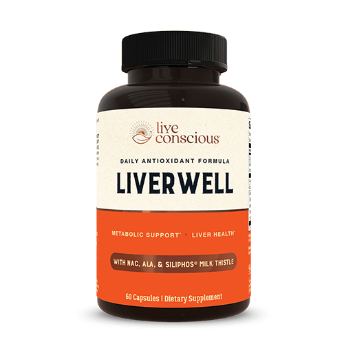 LiverWell daily antioxidant formula supplement bottle by Live Conscious, 60 capsules with NAC, ALA, and milk thistle