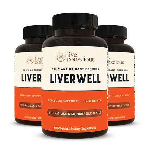 Three bottles of Live Conscious LiverWell daily antioxidant formula with NAC, ALA, and Siliphos milk thistle for liver
