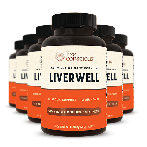 LiverWell daily antioxidant formula bottles with NAC, ALA, and Siliphos milk thistle by Live Conscious