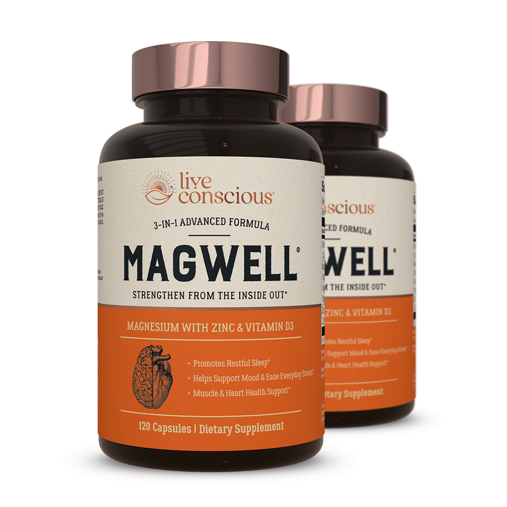MagWell 3-in-1 advanced formula dietary supplement with magnesium, zinc and vitamin D3, two 120-capsule bottles from Live