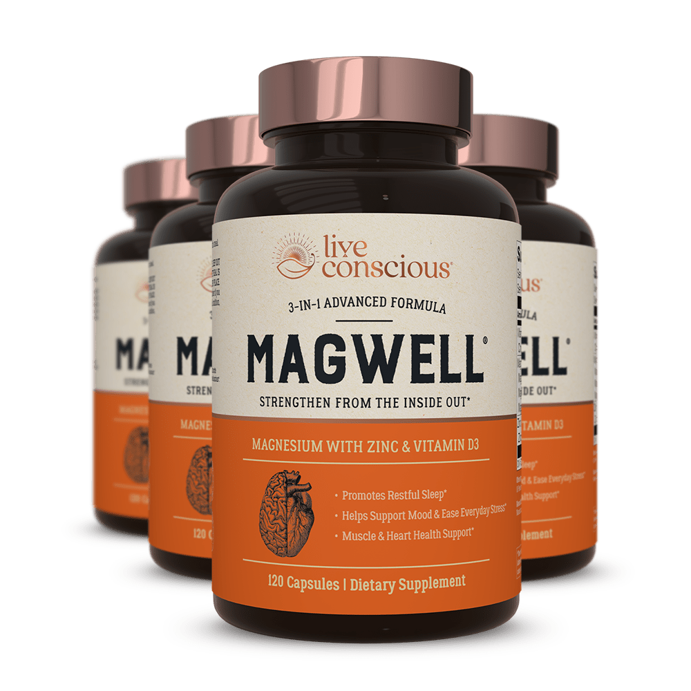 Live Conscious MagWell 3-in-1 advanced formula dietary supplement bottles with copper caps, 120 capsules