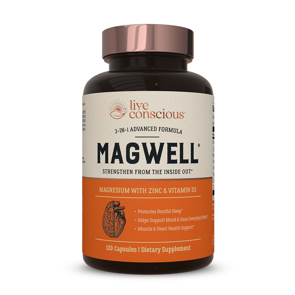 MagWell 3-in-1 Advanced Formula with magnesium, zinc and vitamin D3, 120 capsules dietary supplement bottle by Live Conscious