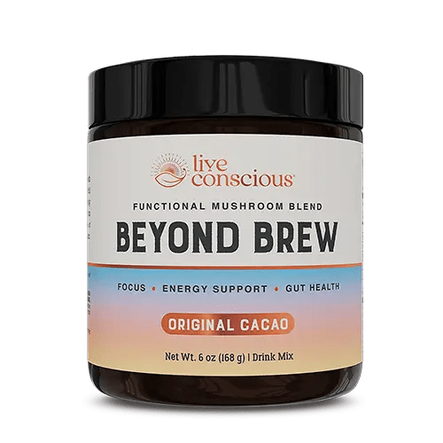 Live Conscious Beyond Brew functional mushroom blend powder in Original Cacao flavor, 6 oz jar with black lid