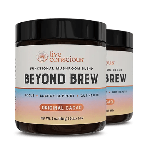 Beyond Brew functional mushroom blend by Live Conscious, Original Cacao flavor, 5 oz drink mix jar with black lid shown.
