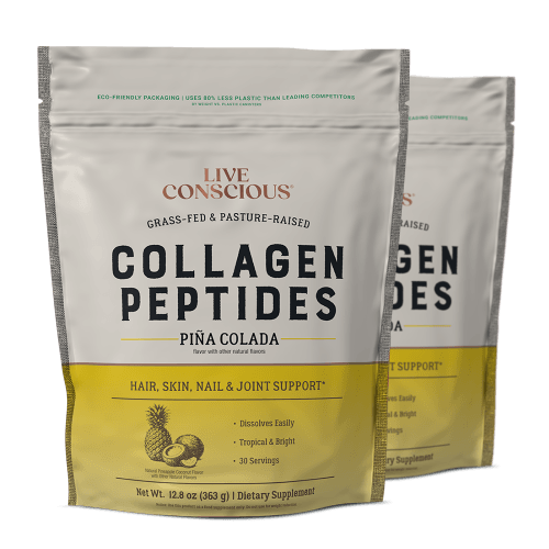 Live Conscious Collagen Peptides Piña Colada powder in resealable pouches with yellow label, 30 servings