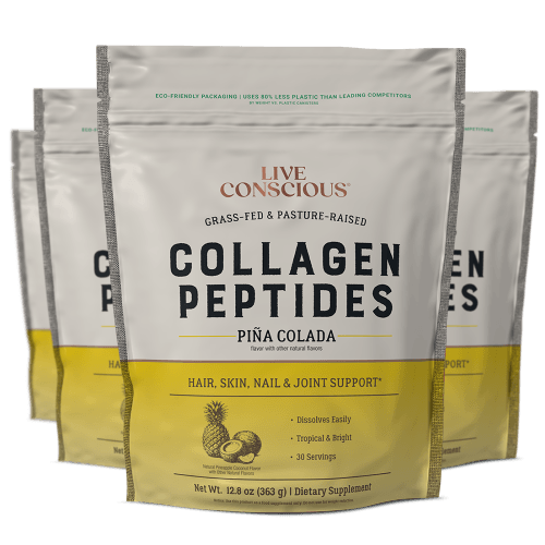 Live Conscious Collagen Peptides Piña Colada powder in resealable pouches with pineapple and coconut imagery on yellow lower