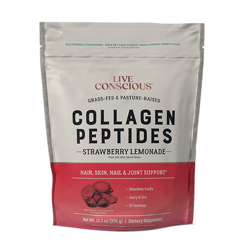 Live Conscious Collagen Peptides Strawberry Lemonade powder pouch, white and red label