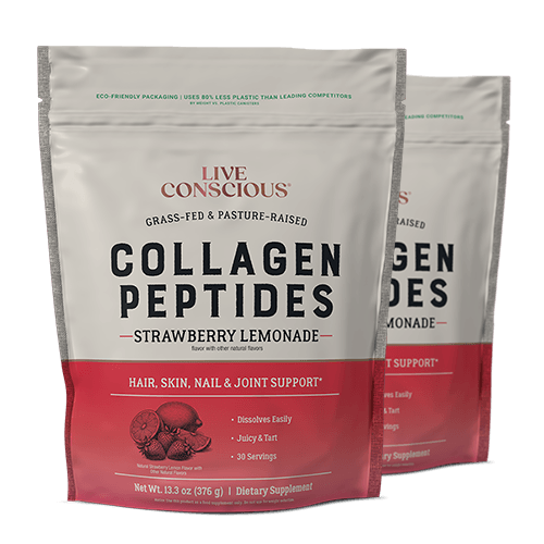 Live Conscious Collagen Peptides Strawberry Lemonade powder in eco-friendly packaging with two pouches displayed