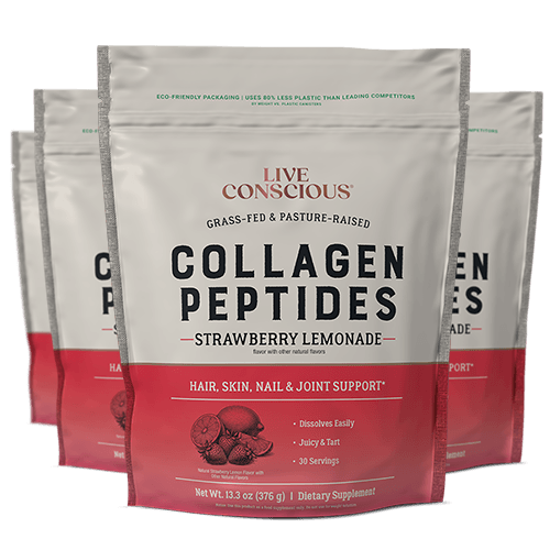 Live Conscious Collagen Peptides Strawberry Lemonade powder in resealable pouches with eco-friendly packaging