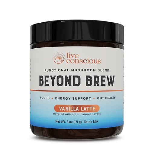 Beyond Brew Vanilla Latte functional mushroom drink mix in dark glass jar with blue and white label, 6 oz size