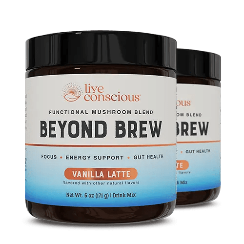 Beyond Brew Vanilla Latte functional mushroom blend drink mix by Live Conscious, 6 oz jar with black lid (two jars shown)