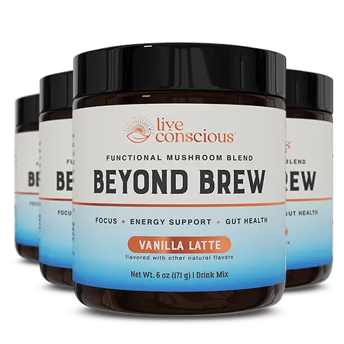 Live Conscious Beyond Brew Vanilla Latte functional mushroom drink mix, 6 oz container with black lid, three jars displayed