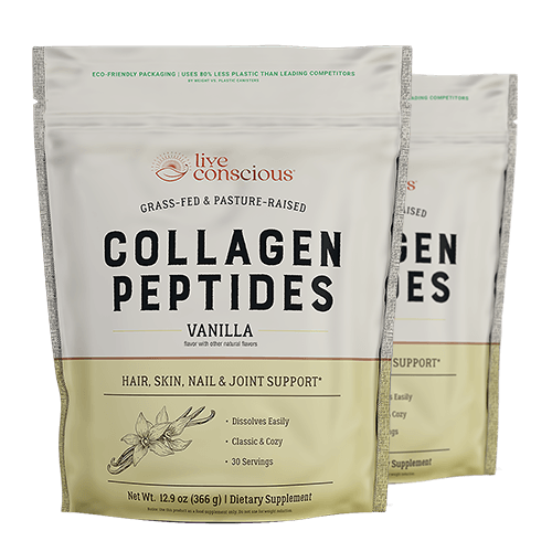 Live Conscious Collagen Peptides Vanilla powder in 12.9 oz resealable bag with grass-fed & pasture-raised label