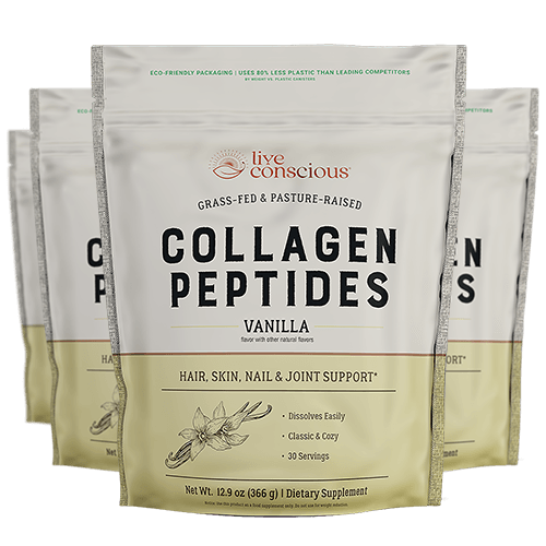 Live Conscious Collagen Peptides Vanilla powder in eco-friendly packaging, grass-fed and pasture-raised, with 30 servings