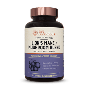 Live Conscious Lion's Mane + Mushroom Blend supplement bottle with copper cap and purple label