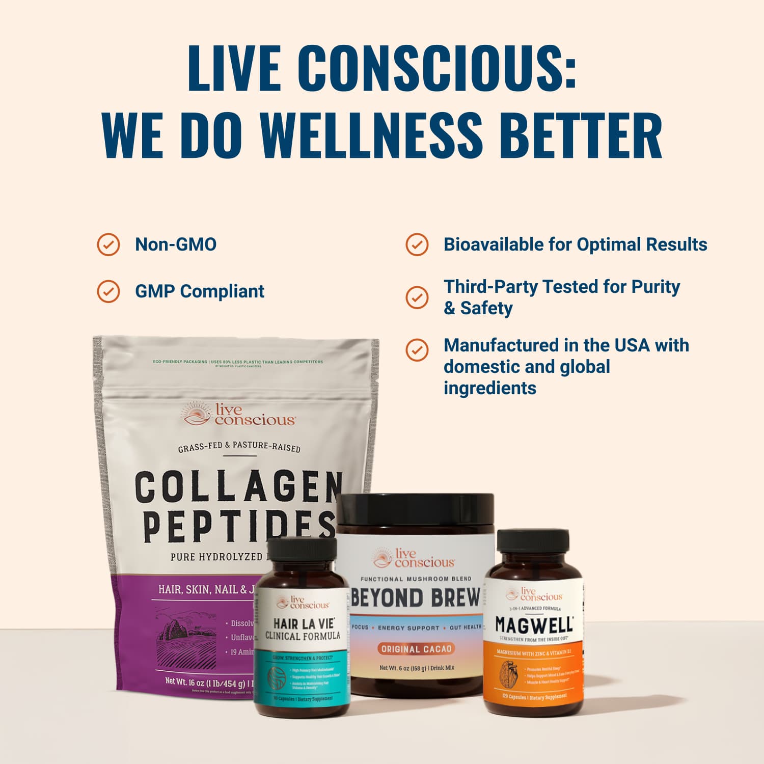 Collagen peptides, Beyond Brew, and Magwell products with 'Live Conscious' branding on a light background.