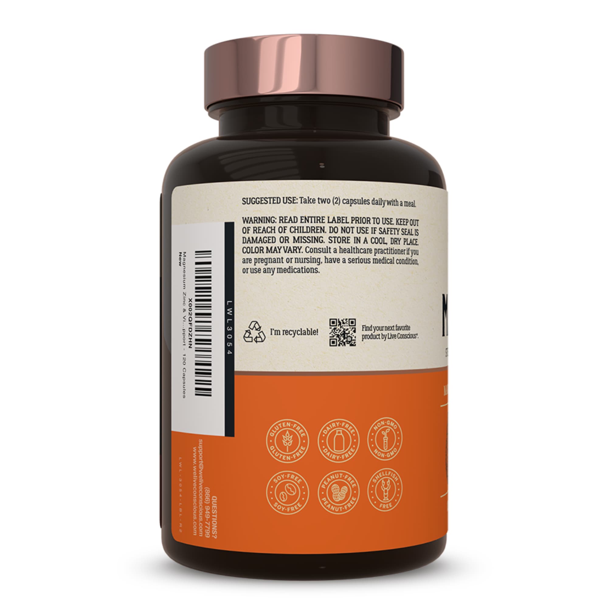 Black supplement bottle with a white and orange label on a white background