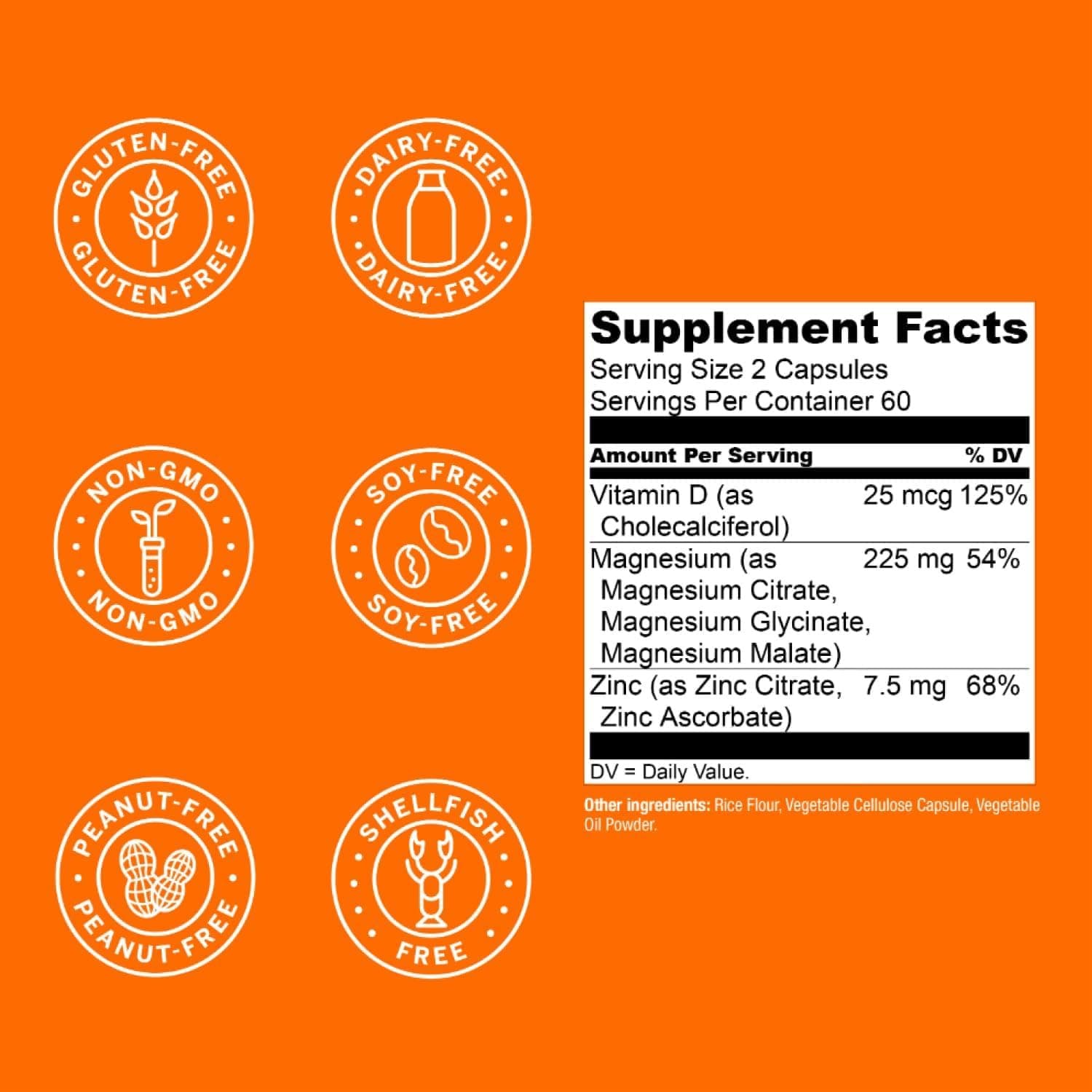 Supplement label with facts and free-from icons on an orange background