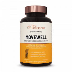 Live Conscious MoveWell mobility support supplement bottle with copper lid and orange label