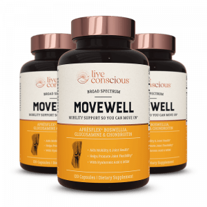 Three bottles of Live Conscious MoveWell mobility support supplement with copper-colored caps and orange labels