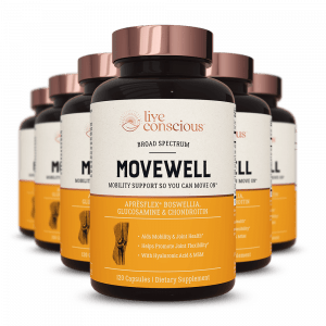 Live Conscious MoveWell mobility support supplement bottles arranged in a display group