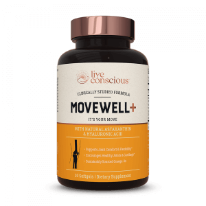 MoveWell+ supplement bottle by Live Conscious with copper cap and orange label on white background