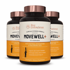 Three bottles of Live Conscious MoveWell+ supplement with copper lids and black and orange labels