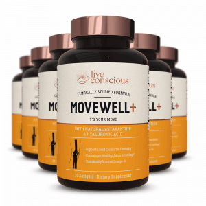 Cluster of Live Conscious MoveWell+ bottles with orange labels and rose gold caps, 30 softgels.