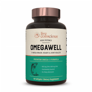 OmegaWell softgel capsules bottle with copper and black label featuring omega-3 supplement information