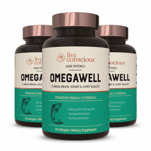 OmegaWell supplement bottles with copper caps, displaying front label with omega-3 formula details and green accent band