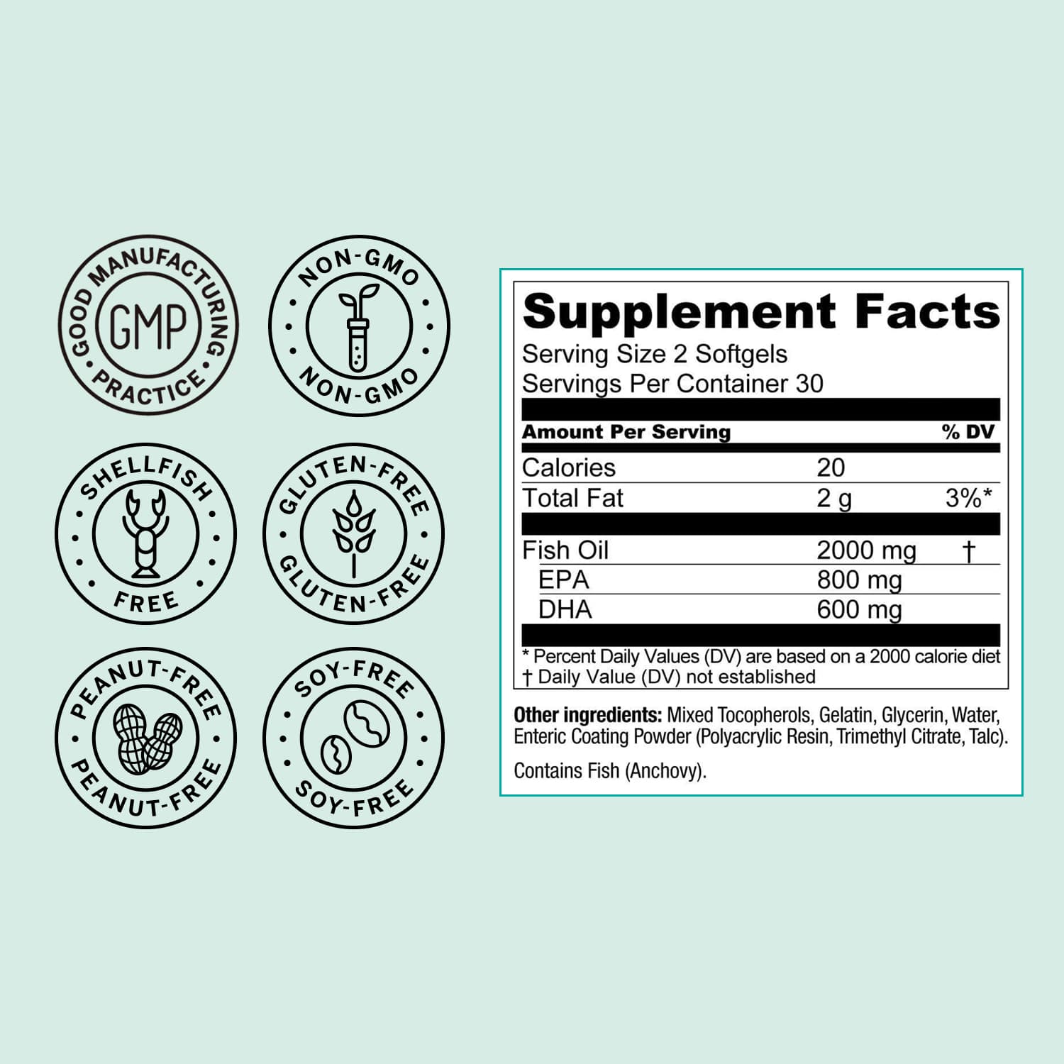 Supplement facts label with certification icons on a light green background
