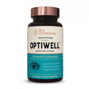 OptiWell bottle with brown cap and turquoise label by Live Conscious, dietary supplement for eye health support