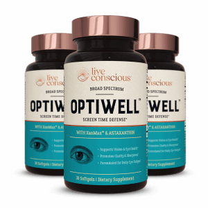 Three OptiWell Screen Time Defense supplement bottles from Live Conscious, with copper-colored caps and turquoise labels