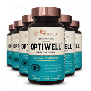 OptiWell eye health supplement bottles arranged in a pyramid formation, featuring teal and black labels and copper lids