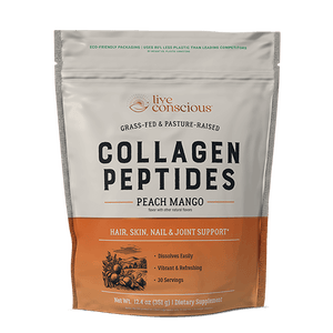 Live Conscious Collagen Peptides Peach Mango powder in resealable pouch with orange label