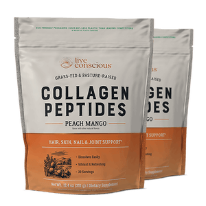 Two Live Conscious Collagen Peptides Peach Mango pouches, grass-fed and pasture-raised, 30 servings.