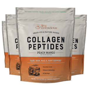 Live Conscious Collagen Peptides Peach Mango powder pouches with hair, skin, nail and joint support labeling