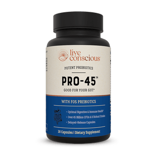 Live Conscious Pro-45 probiotic supplement bottle with black cap, 30 capsules, potent probiotics with prebiotics